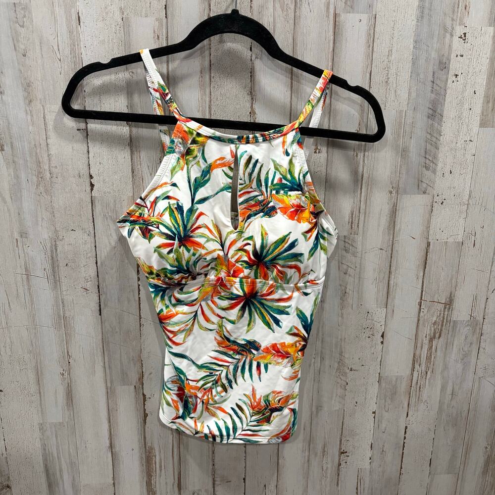 Ellen Tracy White Tropical Floral Tankini Top Keyhole Womens Size 8 Swim